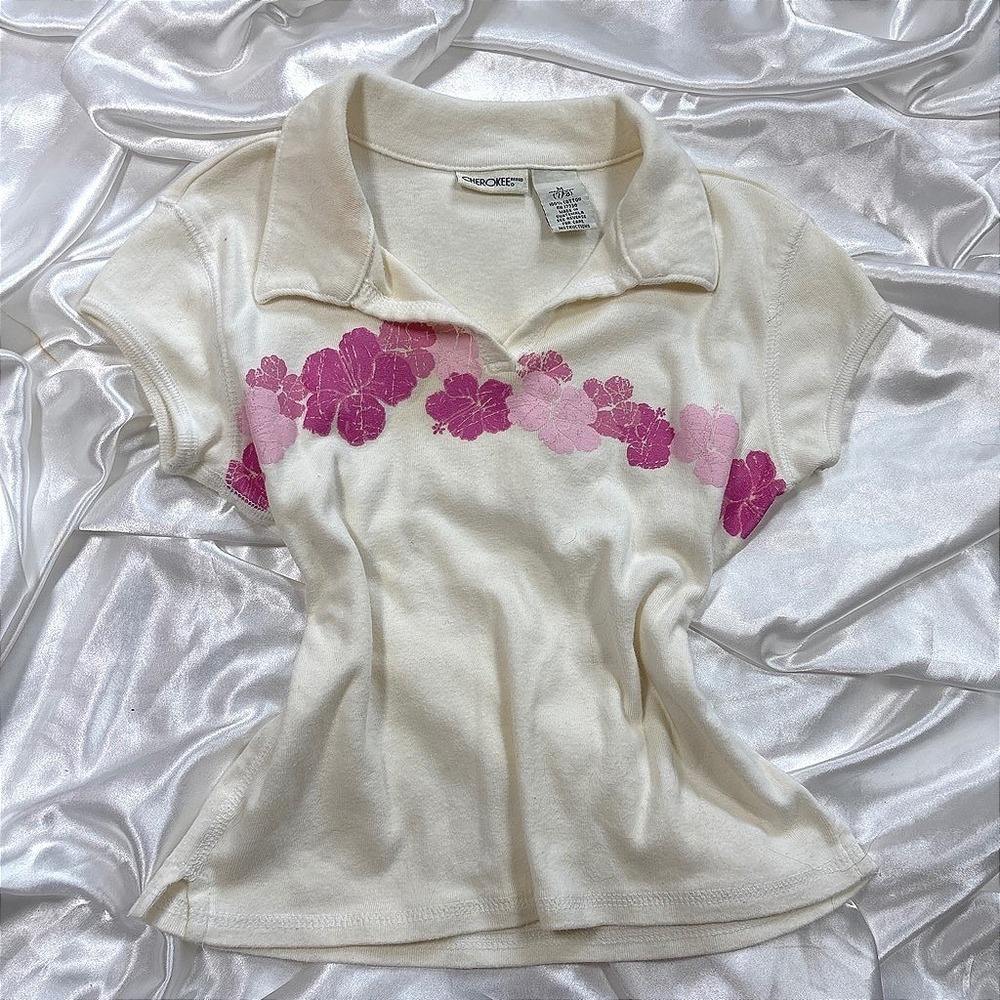 Vintage Cherokee Polo Shirt Cream Excellent Hibiscus Floral Y2K Tropical Top